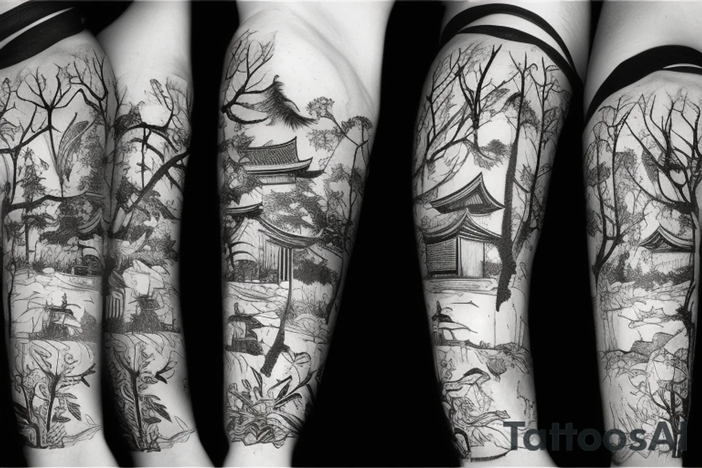 Old abandoned Japanese temple hidden in forest surrounded by nature tattoo idea