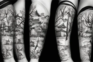 Old abandoned Japanese temple hidden in forest surrounded by nature tattoo idea