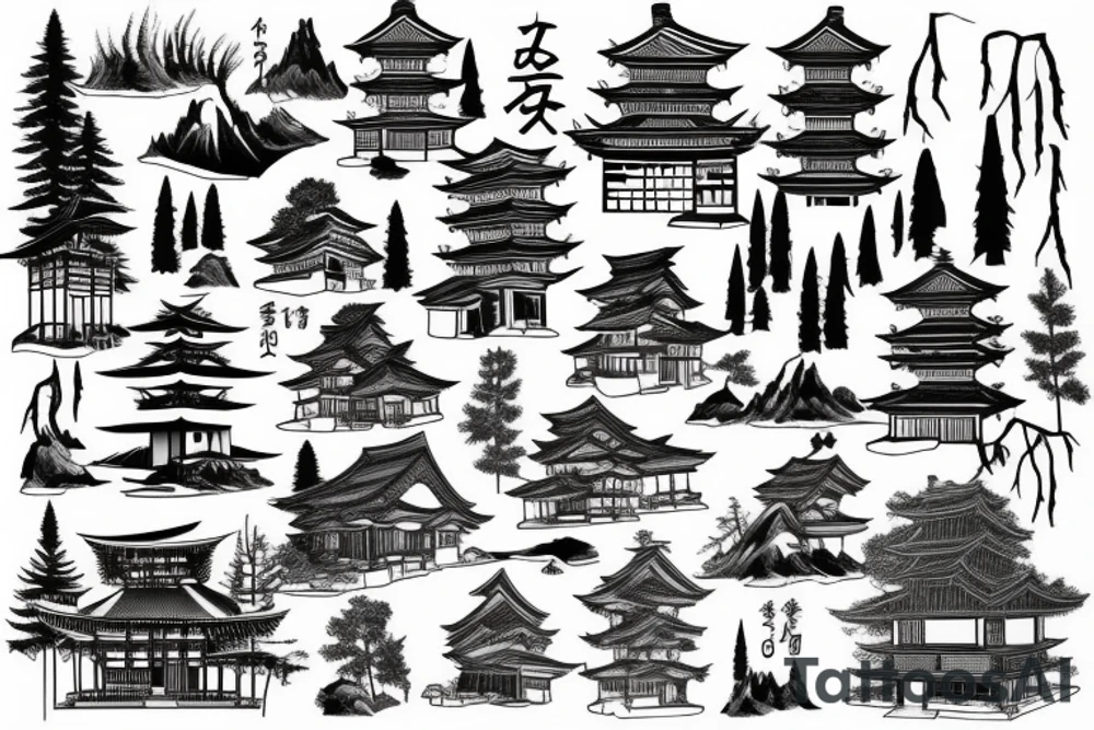 Old abandoned Japanese temple hidden in forest surrounded by nature tattoo idea