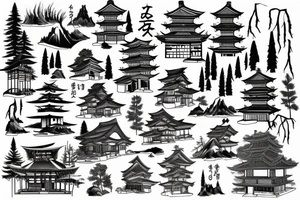 Old abandoned Japanese temple hidden in forest surrounded by nature tattoo idea