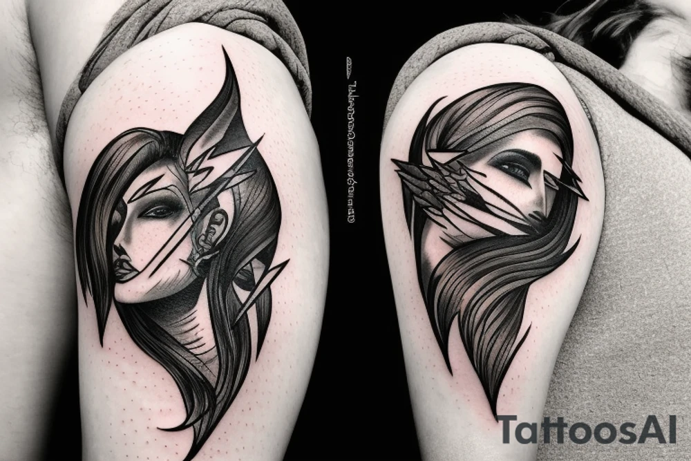 A realistic half angel half capricorn face surrounded by dark-style lightning bolts tattoo idea