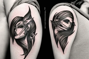 A realistic half angel half capricorn face surrounded by dark-style lightning bolts tattoo idea