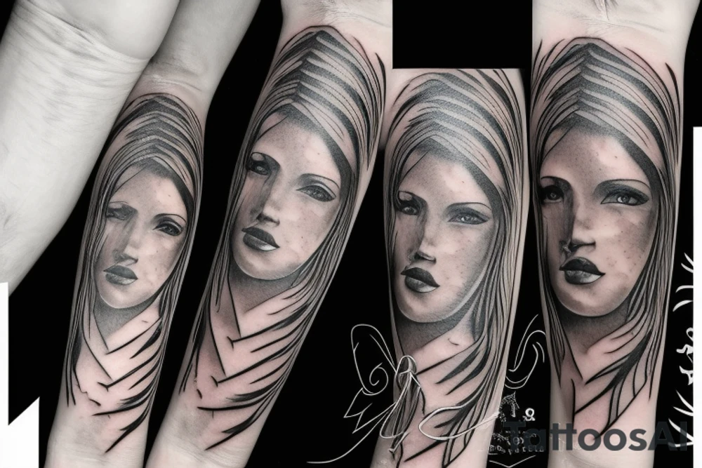 A realistic half angel half capricorn face surrounded by dark-style lightning bolts tattoo idea