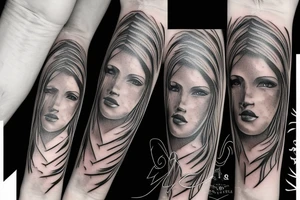 A realistic half angel half capricorn face surrounded by dark-style lightning bolts tattoo idea