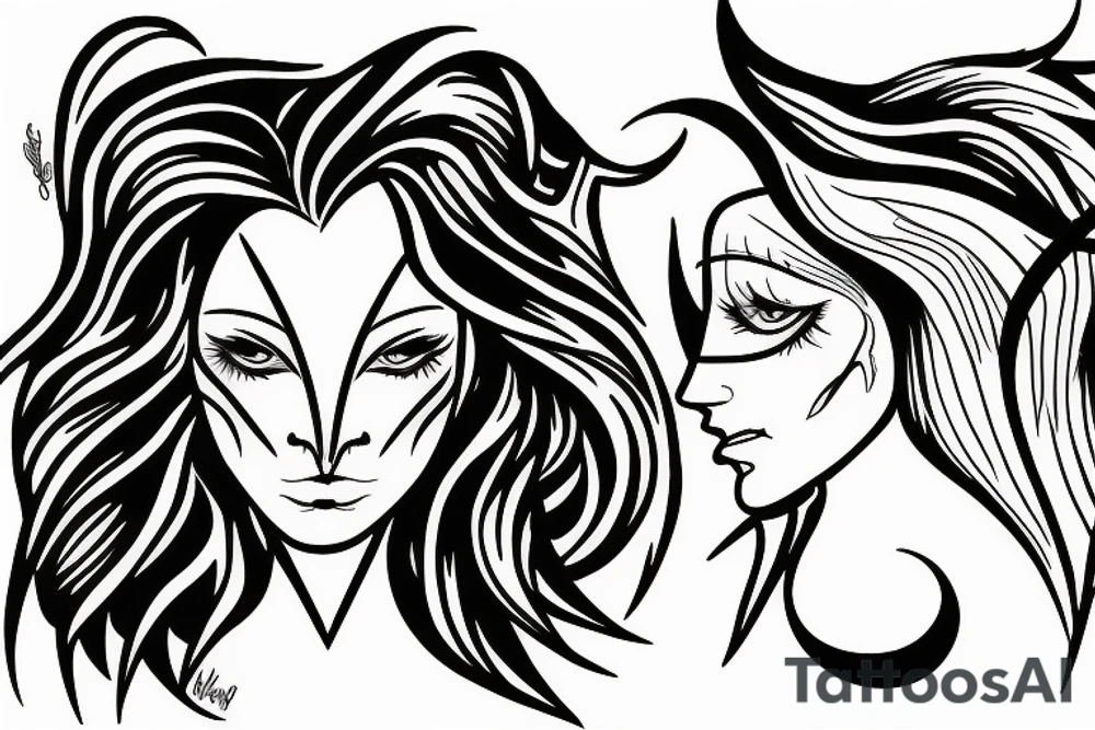 A realistic half angel half capricorn face surrounded by dark-style lightning bolts tattoo idea