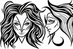 A realistic half angel half capricorn face surrounded by dark-style lightning bolts tattoo idea