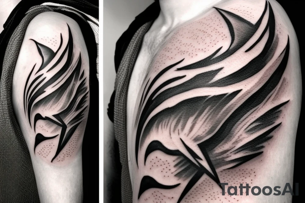 A realistic half angel half capricorn face surrounded by dark-style lightning bolts tattoo idea