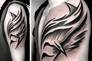 A realistic half angel half capricorn face surrounded by dark-style lightning bolts tattoo idea