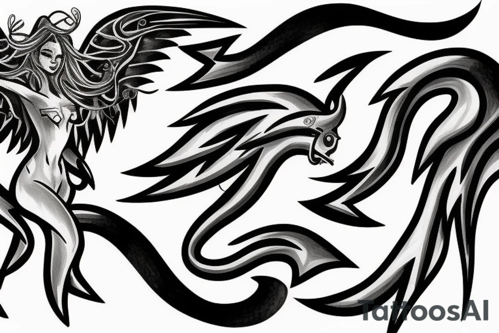 A realistic half angel half capricorn surrounded by dark-style lightning bolts tattoo idea