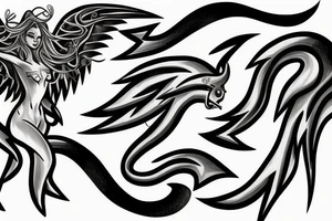 A realistic half angel half capricorn surrounded by dark-style lightning bolts tattoo idea