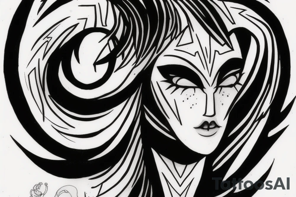 A realistic half angel half capricorn surrounded by dark-style lightning bolts tattoo idea