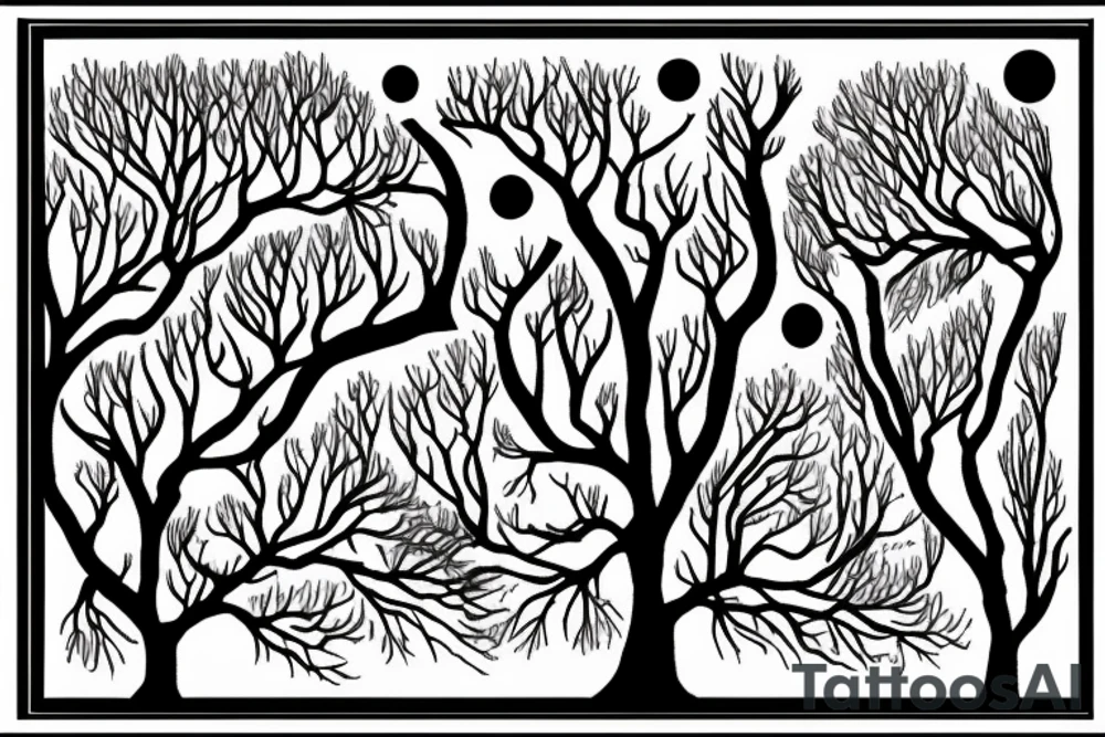 a treeline with roots and cthuhlu is hidden in the trees tattoo idea