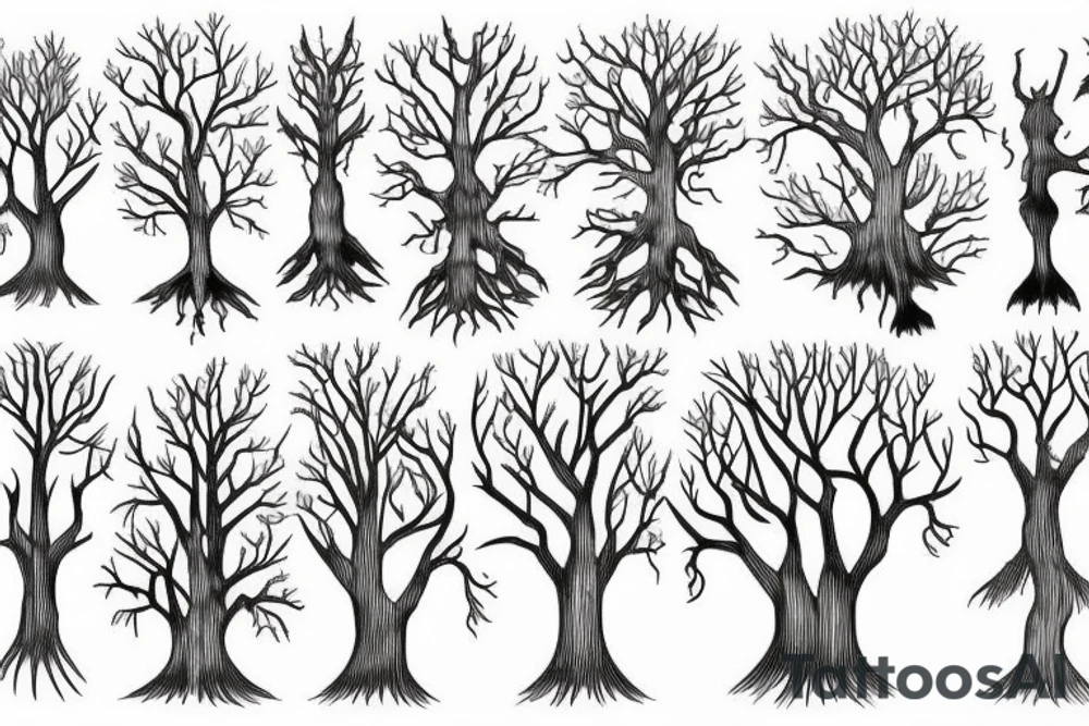 a tree line with the roots visible. Hidden in the trees and among the roots is cthuhlu tattoo idea