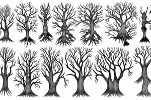 a tree line with the roots visible. Hidden in the trees and among the roots is cthuhlu tattoo idea