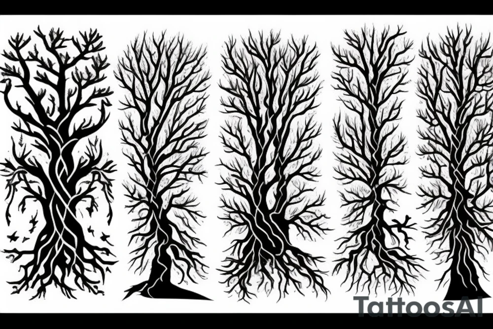 a tree line with the roots visible. Hidden in the trees and among the roots is Cthuhlu tattoo idea