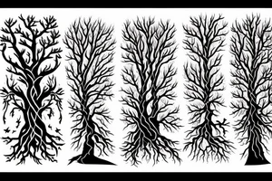a tree line with the roots visible. Hidden in the trees and among the roots is Cthuhlu tattoo idea