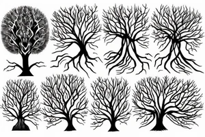 a tree line with the roots visible. Hidden in the trees and among the roots is Cthuhlu tattoo idea