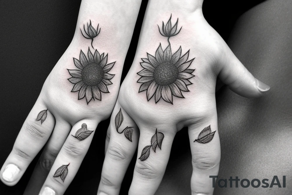 a masculine hand tattoo of a sunflower with leaves running up and around a finger tattoo idea