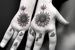 a masculine hand tattoo of a sunflower with leaves running up and around a finger tattoo idea