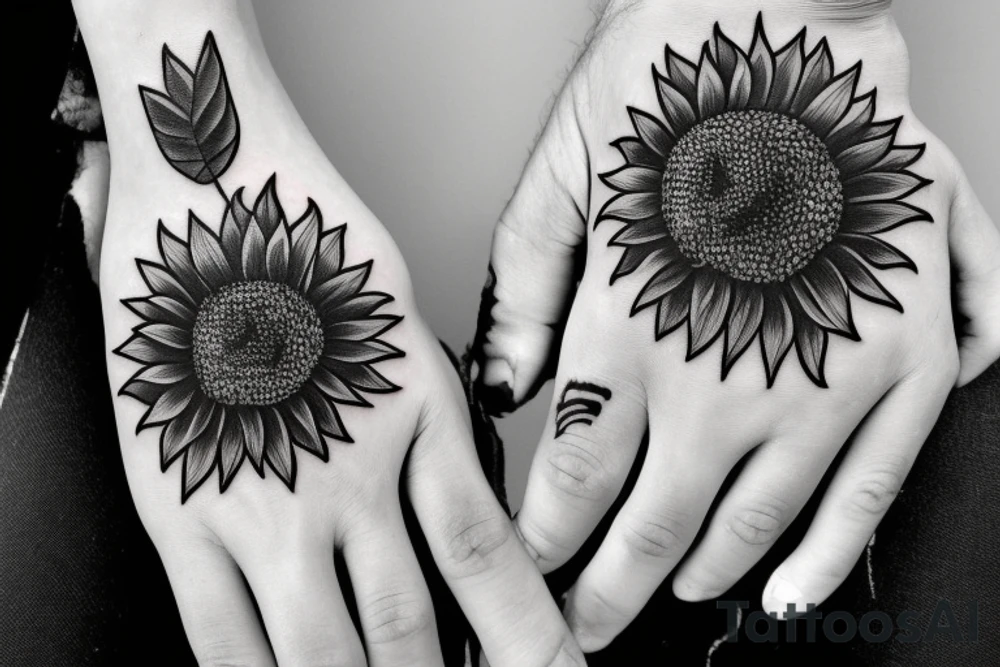 a masculine hand tattoo of a sunflower with leaves running up and around a finger tattoo idea