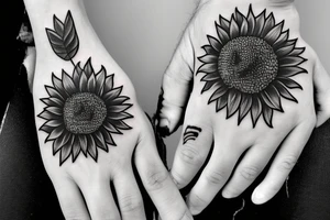 a masculine hand tattoo of a sunflower with leaves running up and around a finger tattoo idea