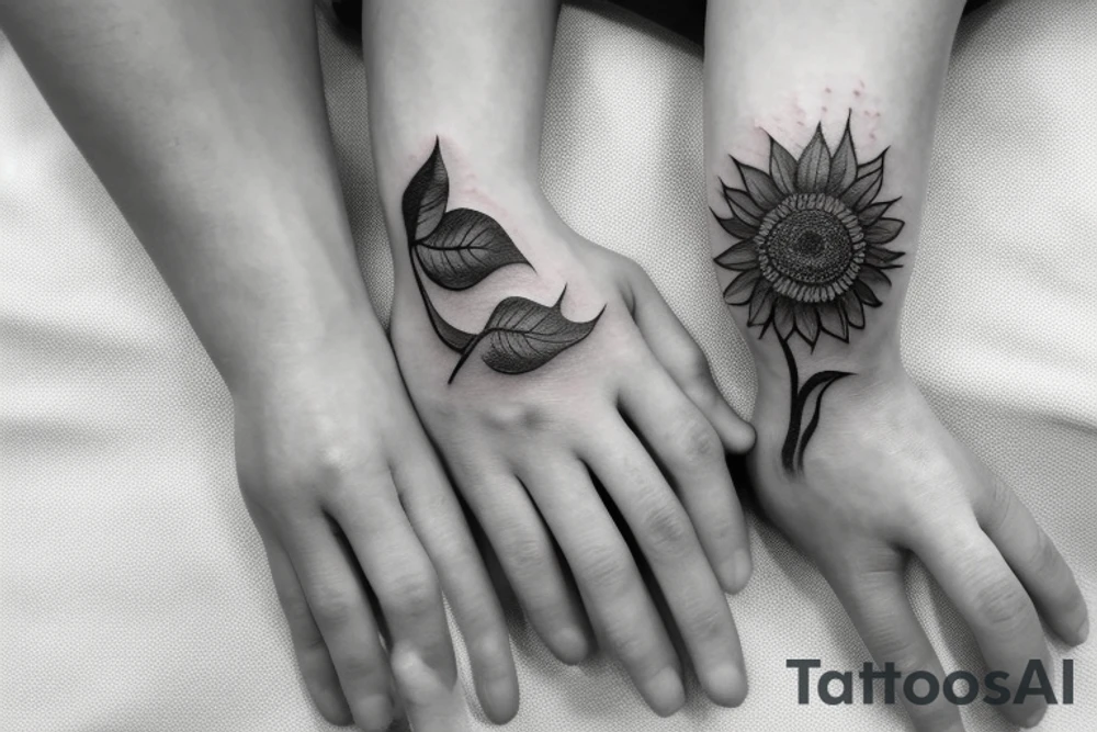 a small masculine hand tattoo of a sunflower with leaves running up and around a finger tattoo idea