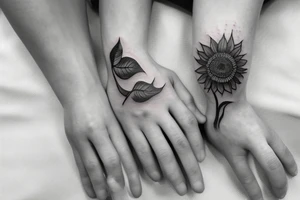 a small masculine hand tattoo of a sunflower with leaves running up and around a finger tattoo idea