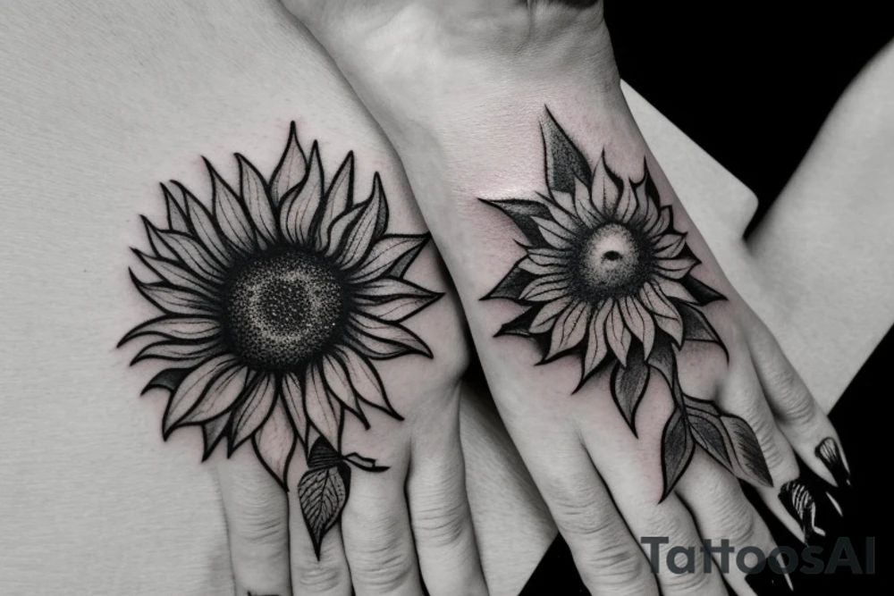 a small masculine hand tattoo of a sunflower with leaves running up and around a finger tattoo idea
