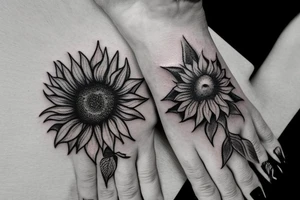 a small masculine hand tattoo of a sunflower with leaves running up and around a finger tattoo idea
