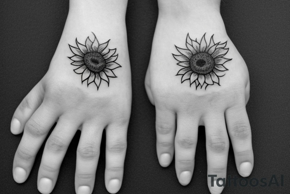 a small masculine hand tattoo of a tiny sunflower with leaves running up and around a finger tattoo idea