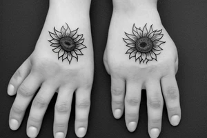 a small masculine hand tattoo of a tiny sunflower with leaves running up and around a finger tattoo idea