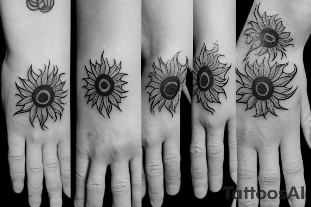 a small masculine hand tattoo of a tiny sunflower with leaves running up and around a finger tattoo idea