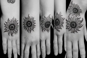 a small masculine hand tattoo of a tiny sunflower with leaves running up and around a finger tattoo idea