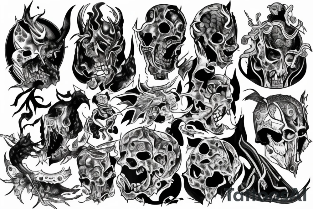 Knight pushing through the pain surrounded by the thoughts in his head in the form of demons holding it back tattoo idea