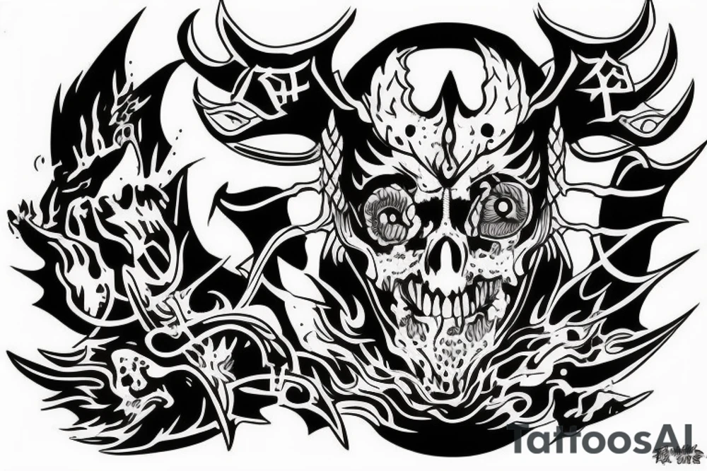 Knight pushing through the pain surrounded by the thoughts in his head in the form of demons holding it back tattoo idea