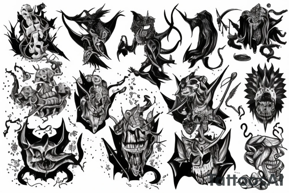 Knight pushing through the pain surrounded by demons holding it back tattoo idea