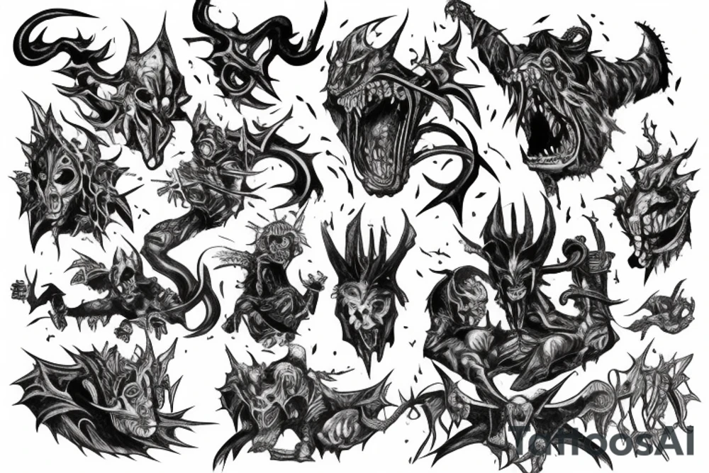 Knight pushing through the pain surrounded by demons holding it back tattoo idea