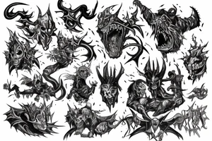 Knight pushing through the pain surrounded by demons holding it back tattoo idea