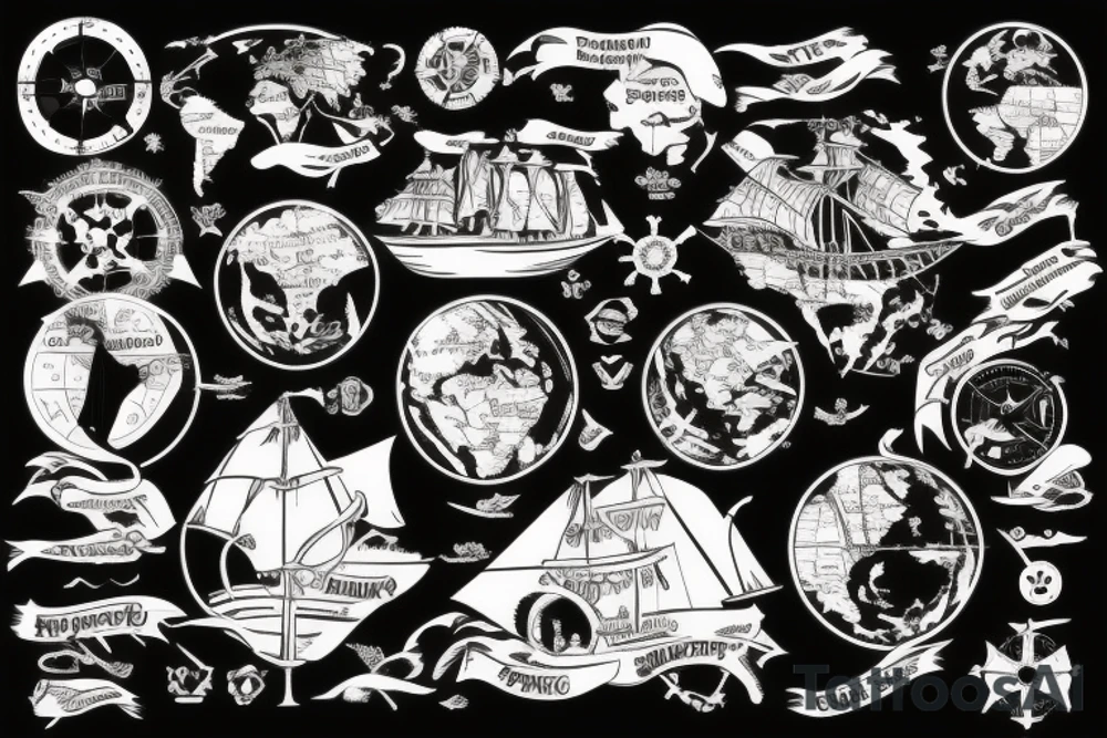 Pirate ship flying across the globe with map elements tattoo idea