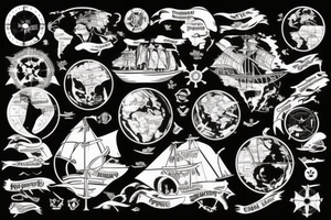 Pirate ship flying across the globe with map elements tattoo idea