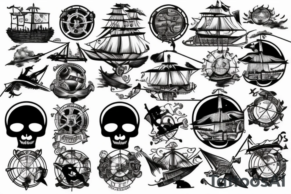 Pirate ship flying across the globe with map elements tattoo idea