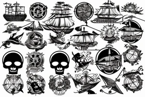 Pirate ship flying across the globe with map elements tattoo idea