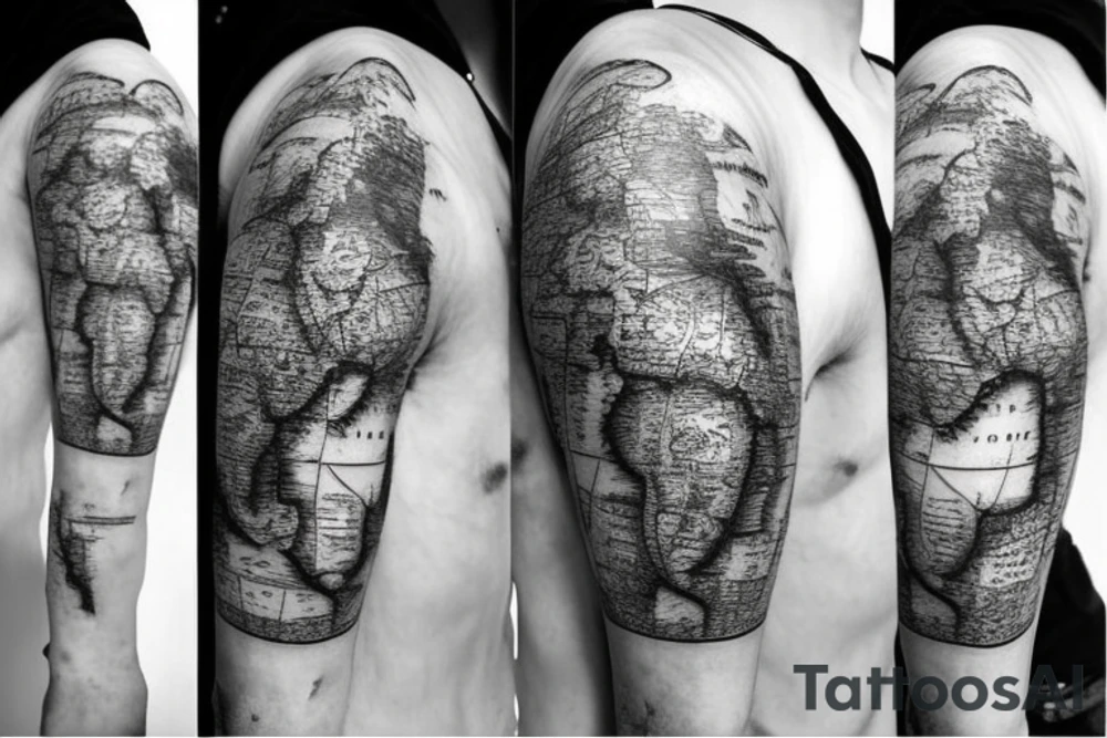 Pirate ship flying across the globe with map elements tattoo idea Pirate ship flying across the globe with map elements tattoo idea