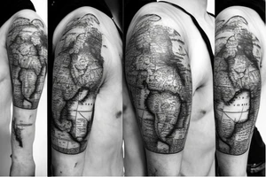 Pirate ship flying across the globe with map elements tattoo idea