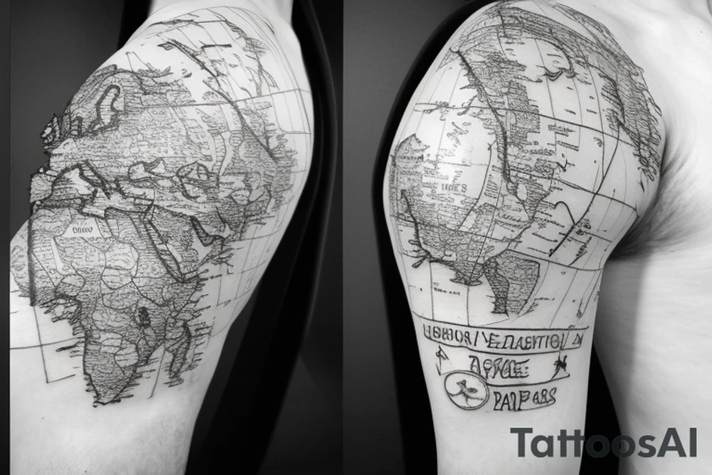 Pirate ship flying across the globe with map elements tattoo idea Pirate ship flying across the globe with map elements tattoo idea