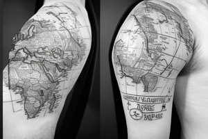 Pirate ship flying across the globe with map elements tattoo idea