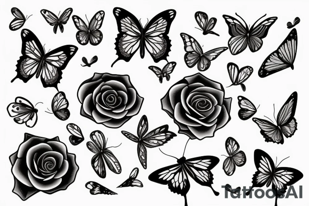 rose flower with butterfly with hour tattoo idea