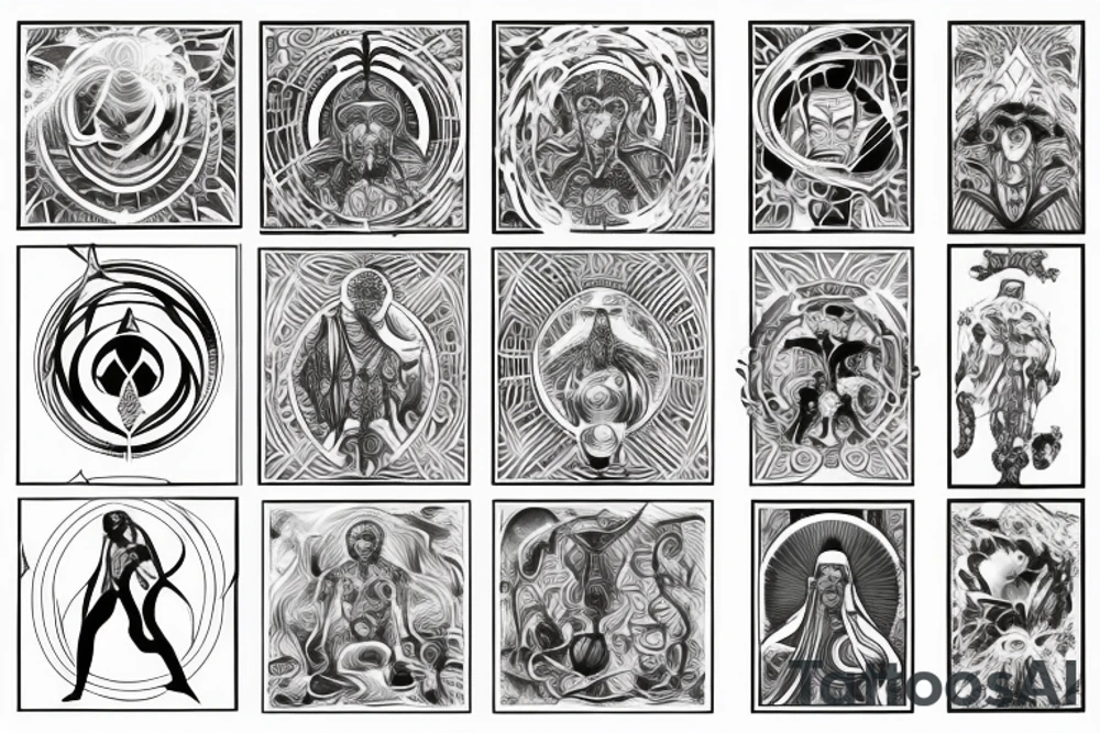 Divine man in the middle of all realms of earth surrounded with energy tattoo idea