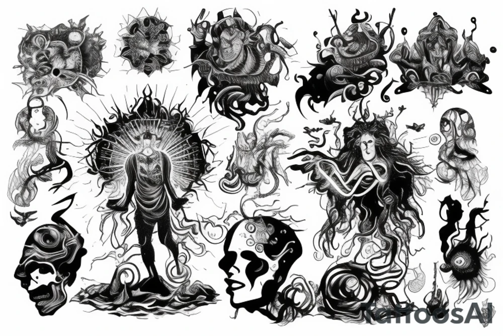 Divine man in the middle of all realms of earth surrounded with energy tattoo idea