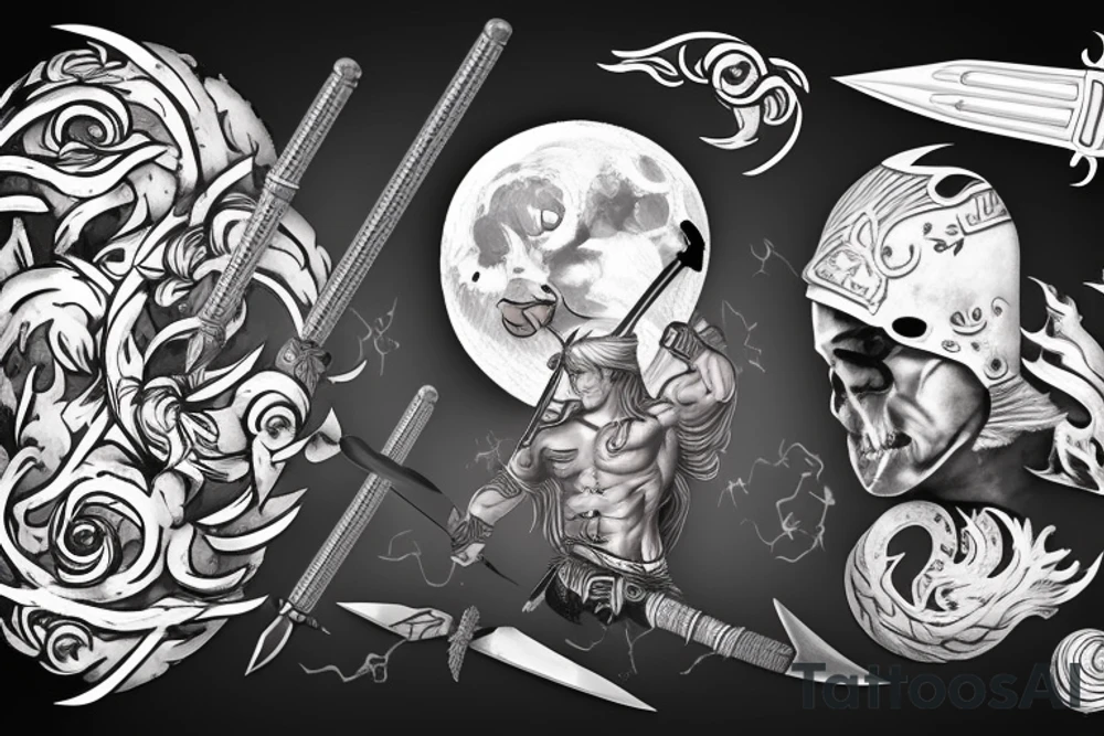 Man dressed up as a warrior holding a tattoo pen as a sword emerging in victory. 3d background of full moon and ocean tattoo idea